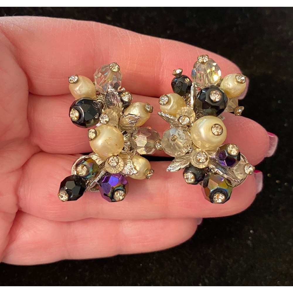 Vintage Vendome Wired Bead Earrings Silver Black, crystal & Pearl